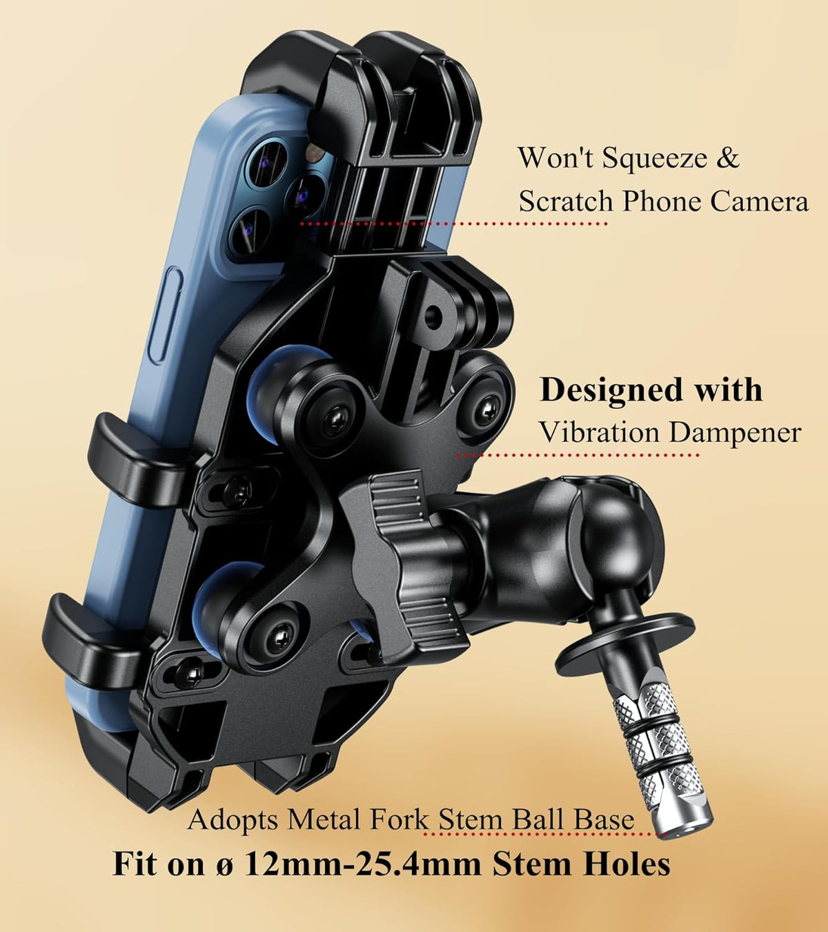 Motorcycle Fork Stem Phone Mount with Integrated Vibration Dampening System