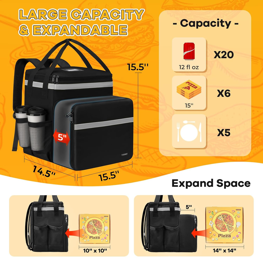 Expandable insulated food delivery backpack