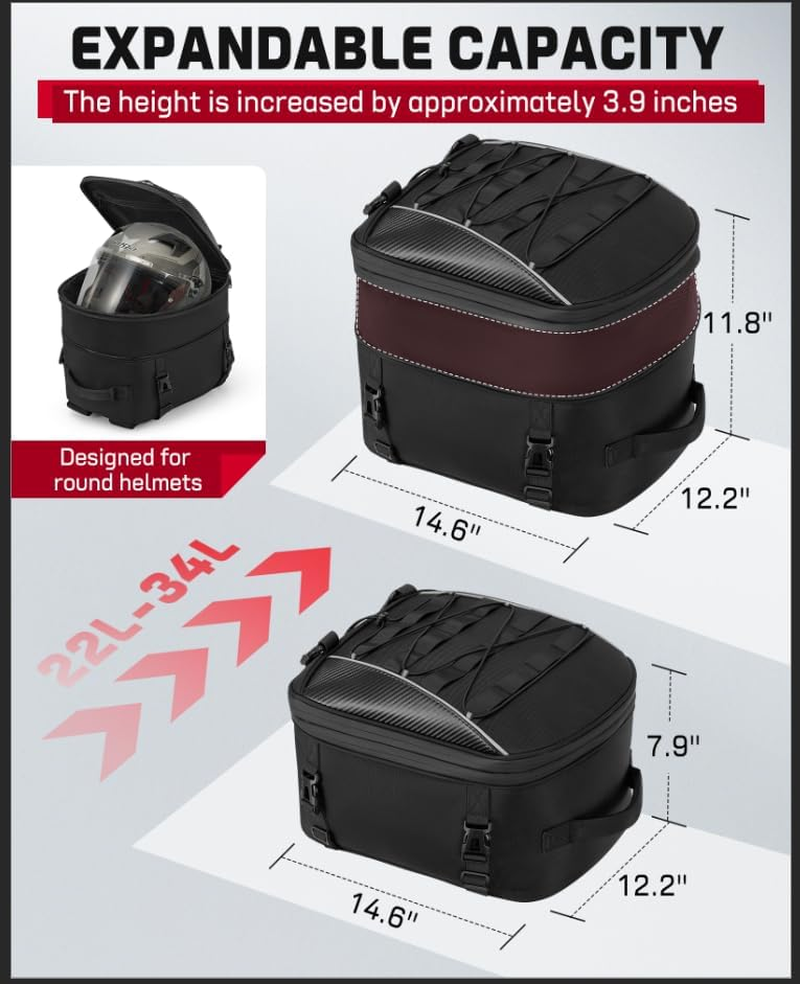 Motorcycle Tail Bag — 22–34L Expandable Rear Seat Bag