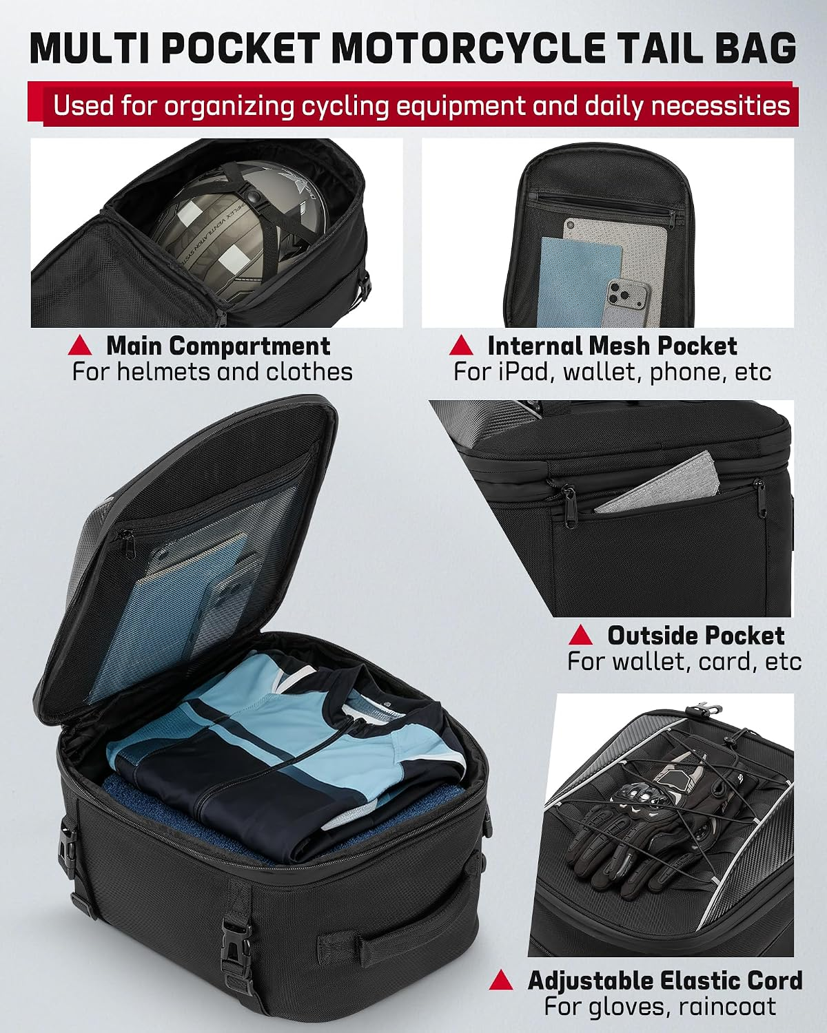 Motorcycle Tail Bag — 22–34L Expandable Rear Seat Bag