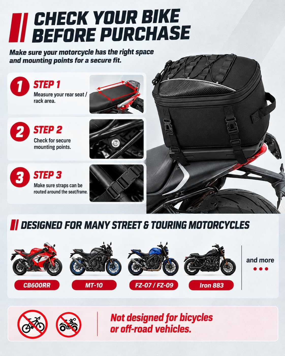Motorcycle Tail Bag — 22–34L Expandable Rear Seat Bag