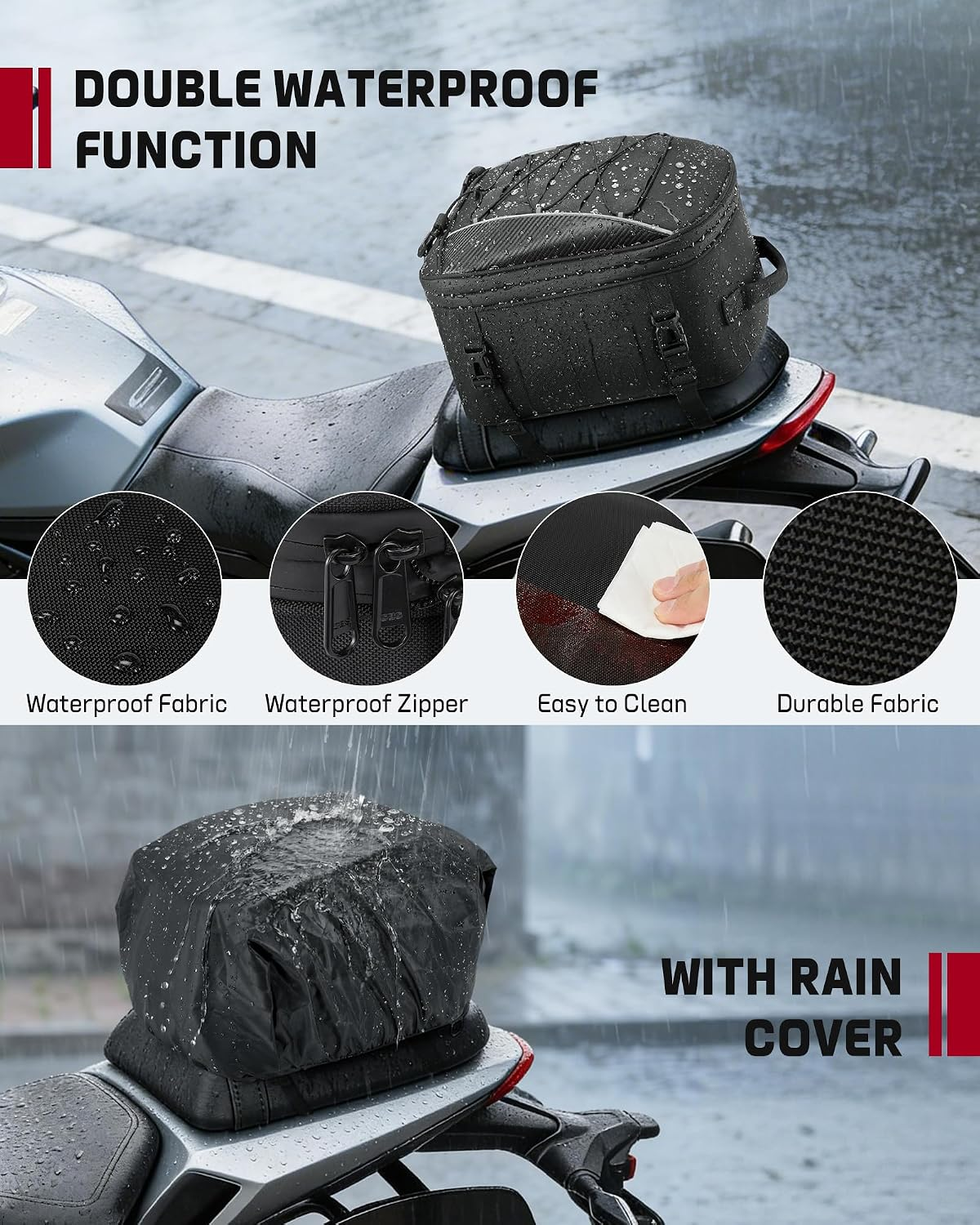 Motorcycle Tail Bag — 22–34L Expandable Rear Seat Bag
