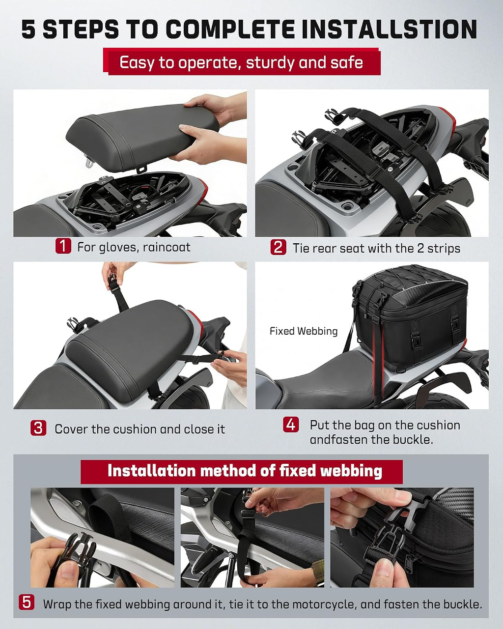 Motorcycle Tail Bag — 22–34L Expandable Rear Seat Bag