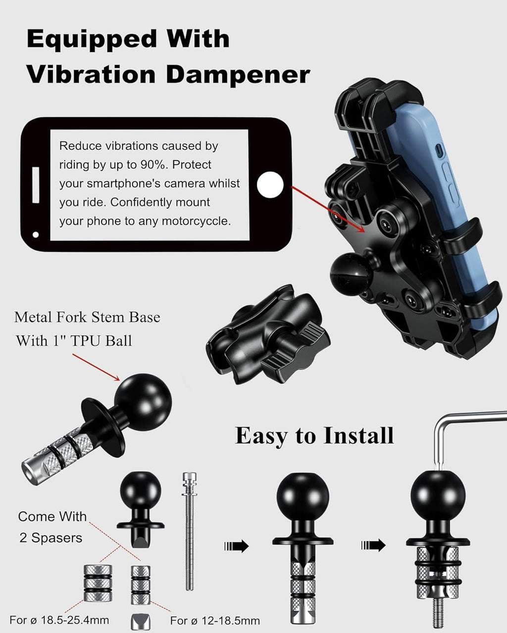 Motorcycle Fork Stem Phone Mount with Integrated Vibration Dampening System