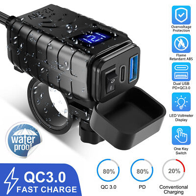 Motorcycle handlebar USB charger with voltmeter
