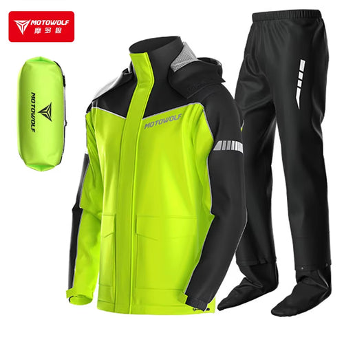 Black two-piece motorcycle rain suit with reflective details